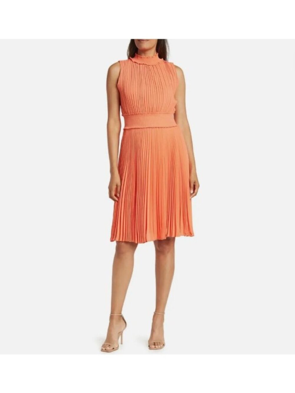 Nanette Nanette Lepore Smocked High Neck Pleated Dress-Coral-2-GUC